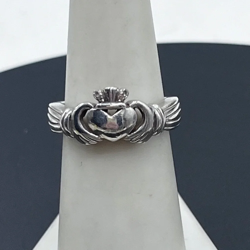 LJ Lucent Jewel Vintage Sterling Silver Irish Claddagh Ring Diamond Accents 7.25